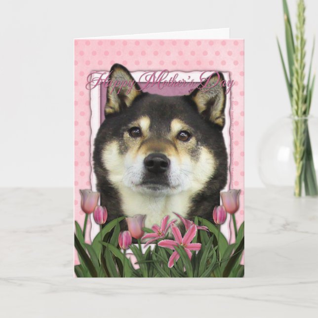 Cartão Dia de as mães - Tulipas Rosa - Shiba Inu - Yasha (Frente)