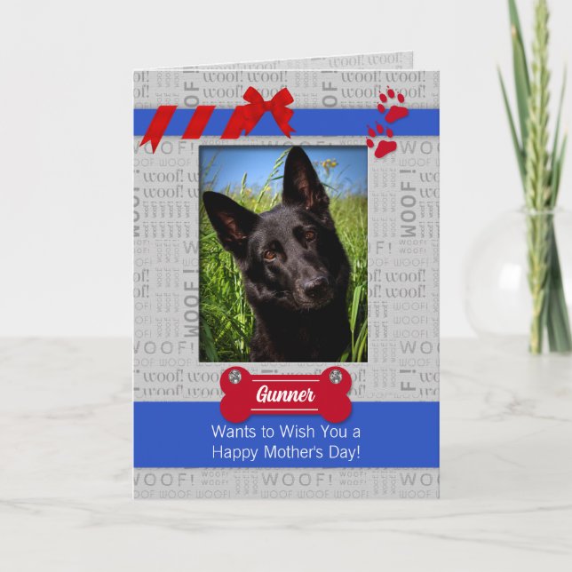 Cartão Dia de as mães Vermelho e Azul da Foto do Cão (Frente)