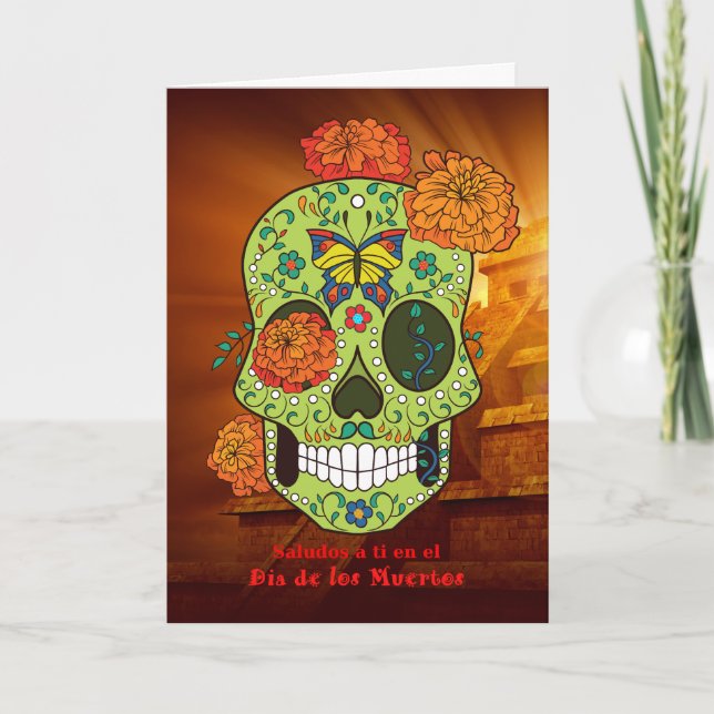 Cartão Dia de los Muertos Sugar Skull, Flores em Español (Frente)