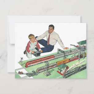 Cartão Dia de os pais, Pai e Filho Vintage com Comboios