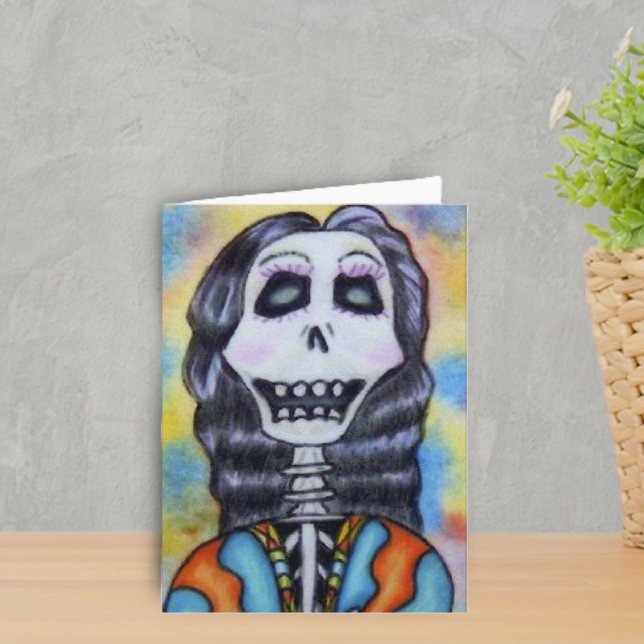 Cartão Dia do Notecard inoperante (Day of Dead happy Lady Skeleton in orange and blue on colourful Halloween notecard.)