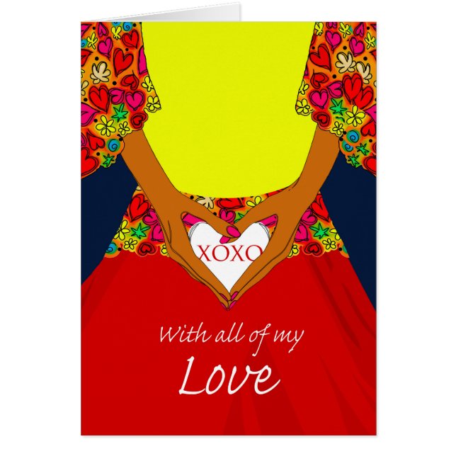 Cartão Dia mais doce, mulher segurando coração com XOXO (Frente)