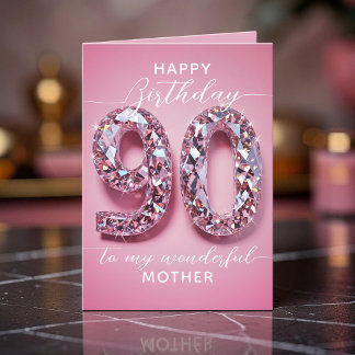 Cartão Diamante Rosa Brilhante 90º Aniversário para Mãe