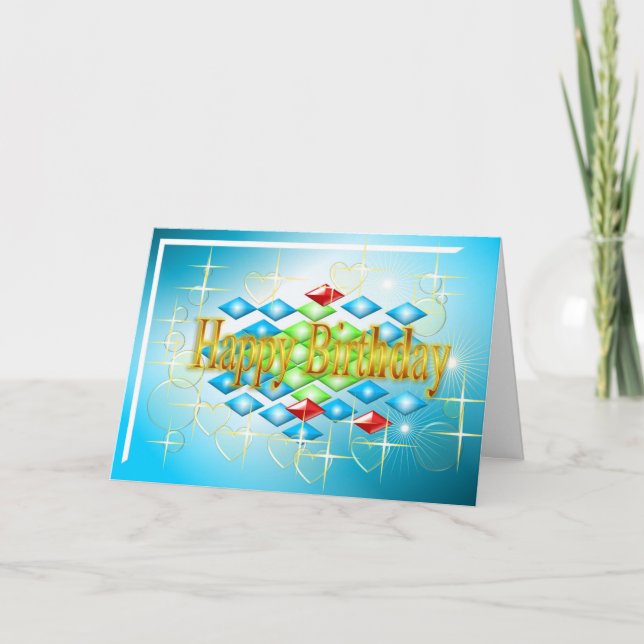 Cartão diamantes estrelas bolhas em ouro e aniversário az (Frente)