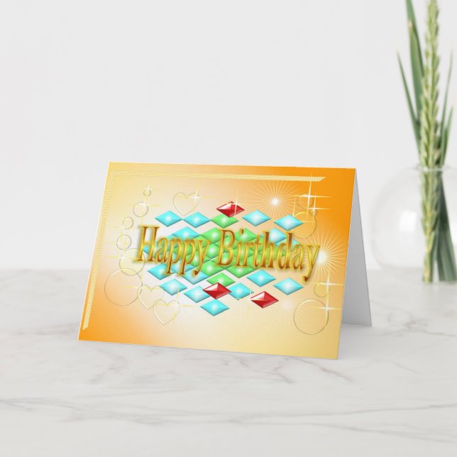 Cartão diamantes estrelas bolhas em ouro e laranja-aniver (Frente)