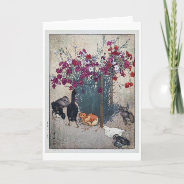 Cartão Dianthus & Pintinhos, Hiroshi Yoshida, Woodcut (Frente)