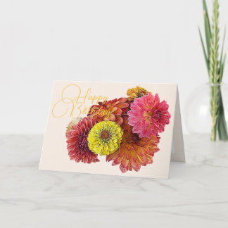 Cartão Díhlias Laranja Rosa Zínia Amarela Floral Aniversá