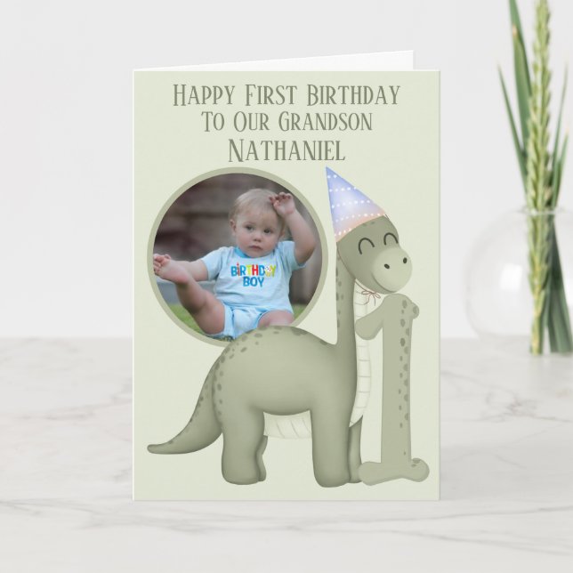 Cartão Dinosaur 1 Photo Aperture First Birthday Card (Frente)
