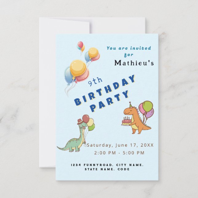 Cartão Dinossaur dino party aniversário de criança azul e (Frente)