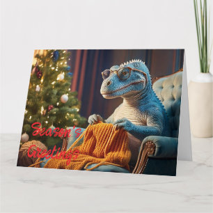 Cartão Dinossauro fazendo tricô Natal feliz
