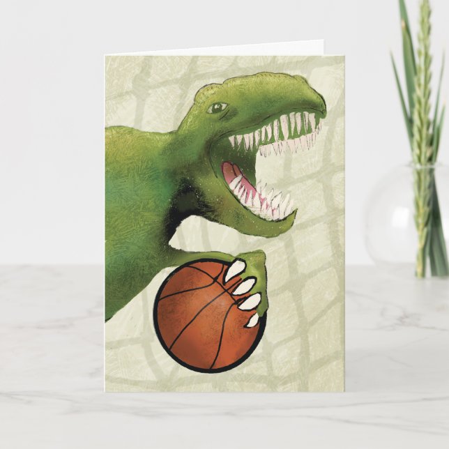 Cartão Dinossauro Infantil de Aniversário com Basquete (Frente)