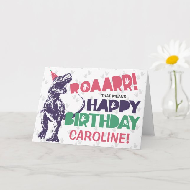 Cartão Dinossauro T-Rex em festa O Feliz Aniversário Rosa (Planta pequena)