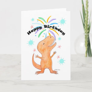 Cartão Dinossauro tiranossauro T-rex feliz aniversário