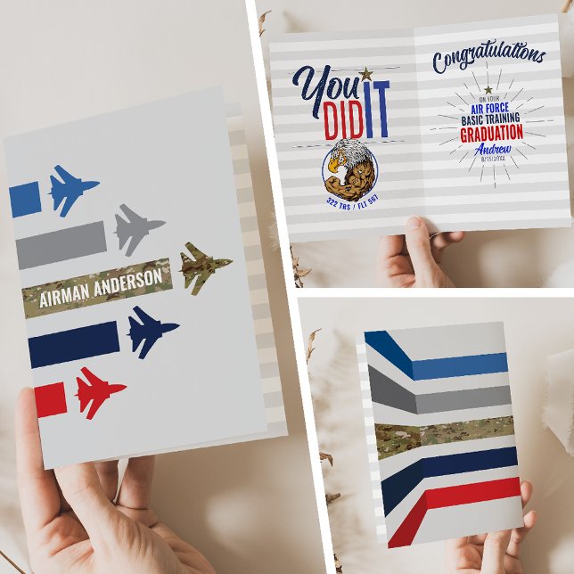 Cartão Diploma Básico de Formação da Força Aérea 322 Eagl (Air Force Basic Training BMT Graduation Card 322 TRS Eagles Jet Flight Formation front inside back)