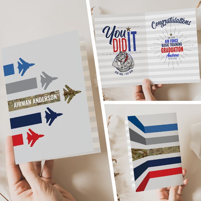 Cartão Diploma Básico de Formação da Força Aérea 326 Bull (Air Force Basic Training BMT Graduation Card 326 TRS Bulldogs Jet Flight Formation front inside back)