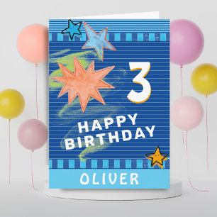 Cartão Diversão Colorida Azul Desenho Estrelas Aniversá