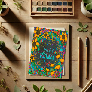 Cartão Diversão Floral Daisies Trendy Birthday, Colorida