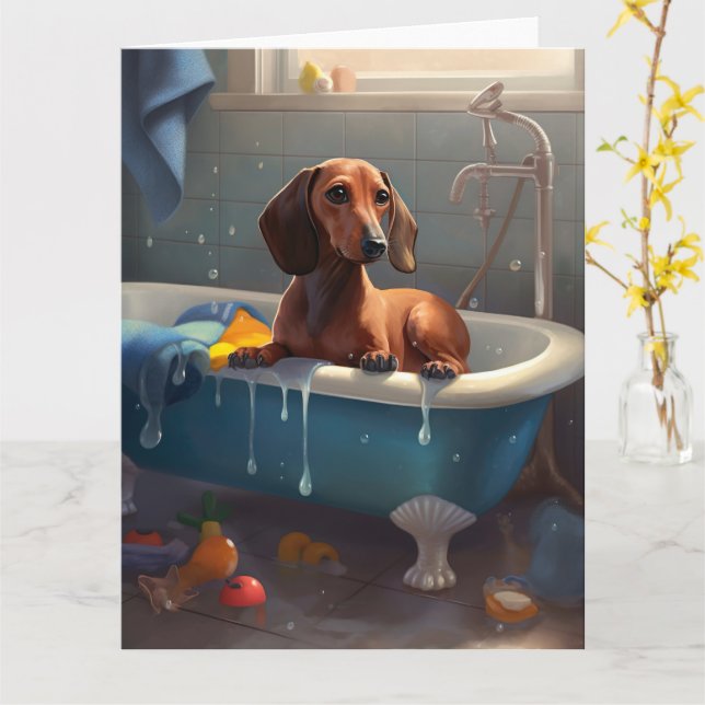 Cartão Diversão na hora do banho do Dachshund  (Flor Amarela)