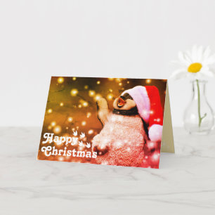 Cartão Divertido Feliz Pinguim Papai Noel&Merry Christmas