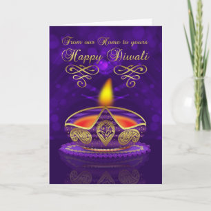 Cartão Diwali Greeting Card In Gold And Purple With Lamp
