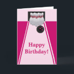 Cartão do aniversário da menina da boliche<br><div class="desc">Este cartão moderno do aniversário da menina da boliche com o pino de boliche ajustado em um fundo cor-de-rosa é o perfeito para toda a festa de aniversário ou evento especial no estilo. Personalize com seu próprio texto especial,  e use-o para o partido ou o evento de sua escolha.</div>