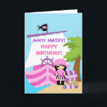 Cartão do aniversário da menina do navio de pirata<br><div class="desc">Este cartão adorável do aniversário com um pirata bonito e um navio grande. Aperfeiçoe para sua festa de aniversário do pirata. Personalize com seu próprio texto especial, e use-o para o partido ou o evento de sua escolha. Artigos de harmonização que incluem selos postais, etiquetas, obrigado carda, obrigado etiquetas e...</div>