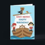 Cartão do aniversário do navio de pirata<br><div class="desc">Este cartão adorável do aniversário com pirata bonito no navio e em um fundo azul. Aperfeiçoe para sua festa de aniversário do pirata. Personalize com seu próprio texto especial, e use-o para o partido ou o evento de sua escolha. Artigos de harmonização que incluem selos postais, etiquetas, obrigado carda, obrigado...</div>