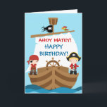 Cartão do aniversário do navio de pirata<br><div class="desc">Este cartão adorável do aniversário com pirata bonito no navio e em um fundo azul. Aperfeiçoe para sua festa de aniversário do pirata. Personalize com seu próprio texto especial, e use-o para o partido ou o evento de sua escolha. Artigos de harmonização que incluem selos postais, etiquetas, obrigado carda, obrigado...</div>