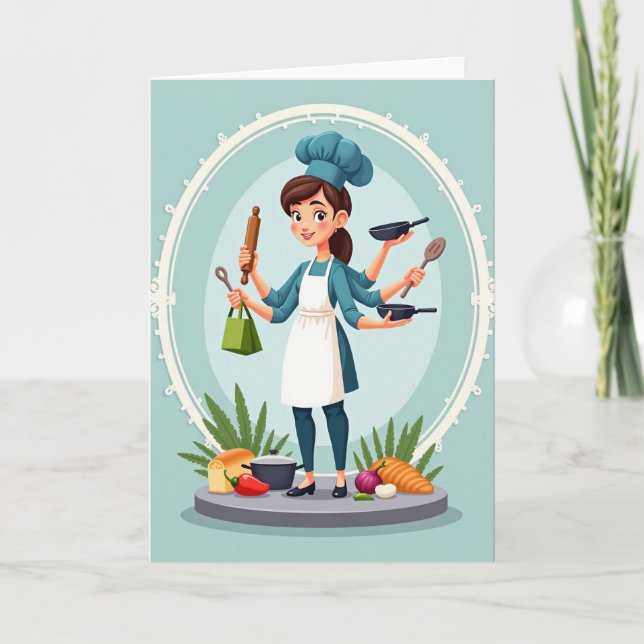 Cartão do Dia da Mãe Chef de Múltiplos Braços (Frente)