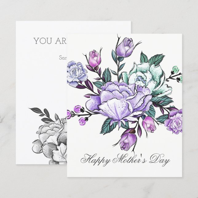 Cartão do Dia das Mães com Buquê Floral Roxo Econô (Frente/Verso)
