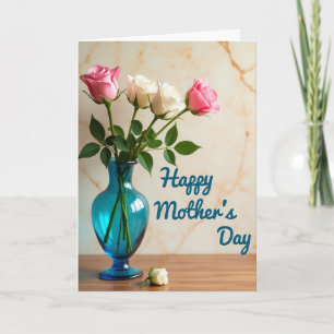 Cartão do Dia das Mães com Floral em Vaso Azul Tur
