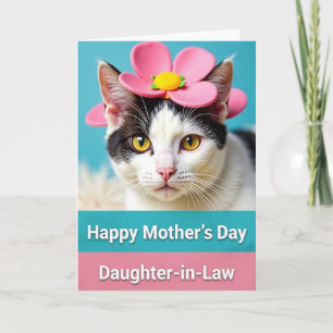 Cartão do Dia das Mães com Gato de Flor Rosa