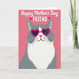 Cartão do Dia das Mães com Gato e Coração Rosa