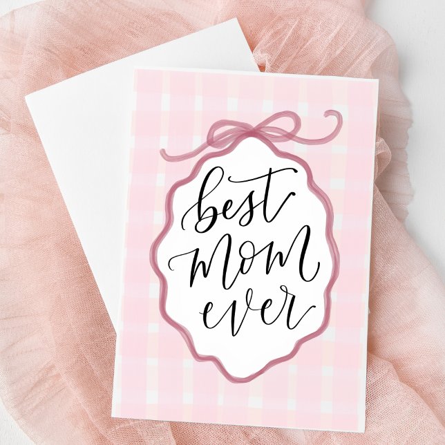 Cartão do Dia das Mães com Laço de Aquarela Rosa (Best Mom Ever Card | Hand-lettered Pink Bow Design | Sweet Custom Greeting for Mother's Day Gift)