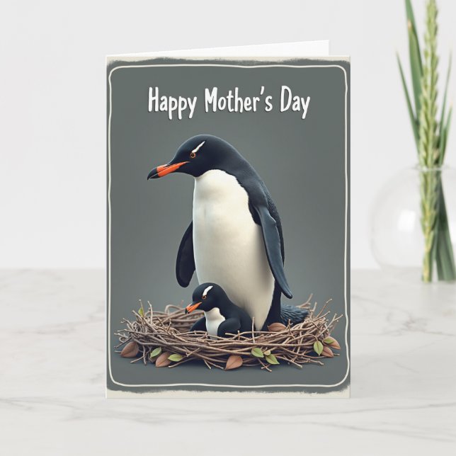 Cartão do Dia das Mães com Ninho de Pinguim (Frente)