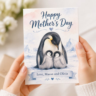 Cartão do Dia das Mães com Pinguim em Aquarela fei