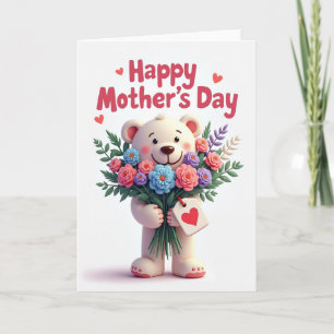 Cartão do Dia das Mães com Ursinho e Flores