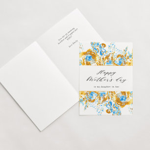 cartão do dia das mães floral azul dourado feliz
