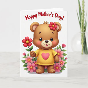 Cartão do Dia das Mães Urso Coração de Rosa