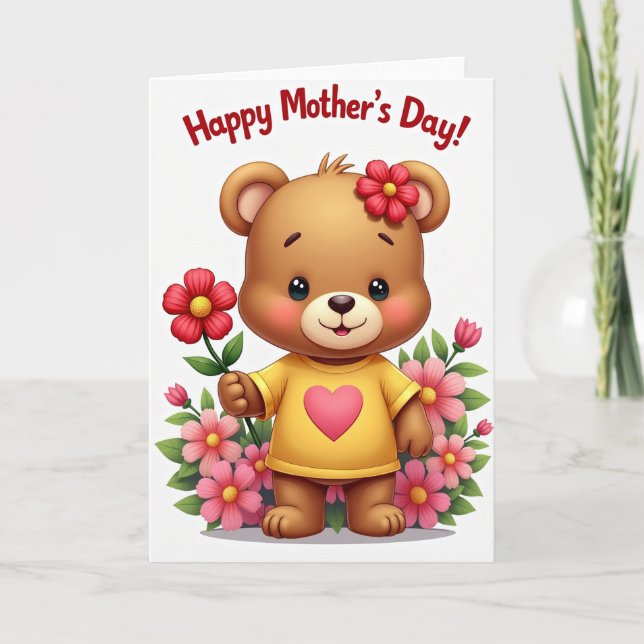 Cartão do Dia das Mães Urso Coração de Rosa (Frente)