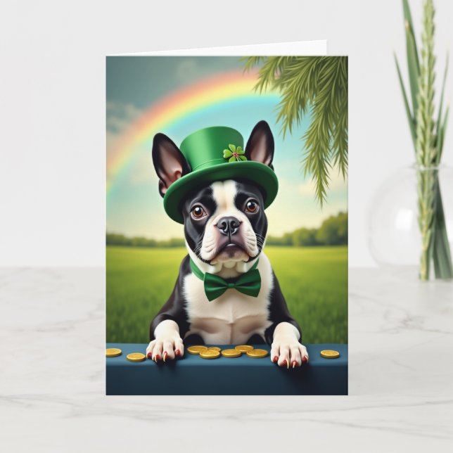 Cartão do Dia do Boston Terrier Sortudo (Frente)