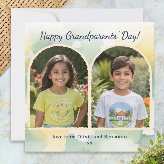 Cartão do Dia dos Avós com Arcos de Aquarela 2 Fot (An elegant card with 'Happy Grandparents' Day' greeting and 2 custom photos in arch-shaped 'frames')