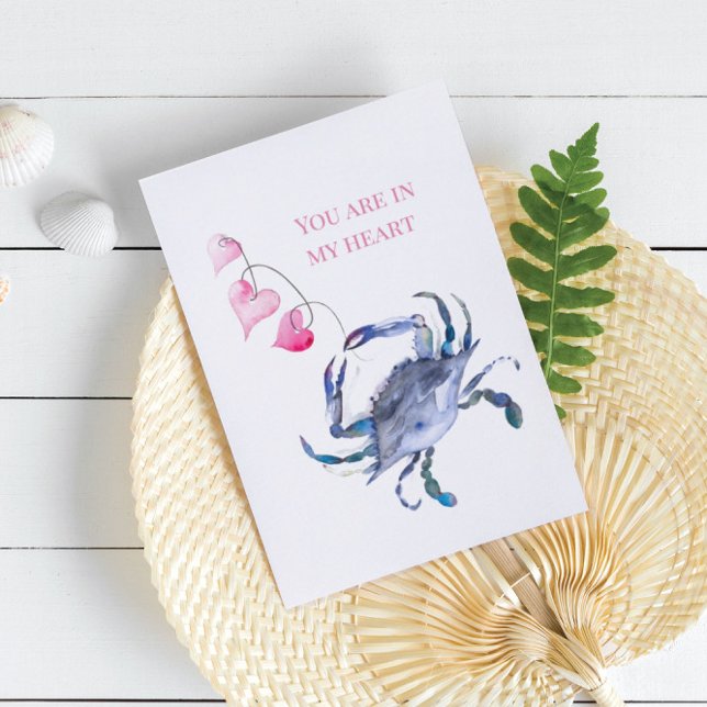 Cartão do Dia dos Namorados com Aquarela de Carang (Valentines cards feature blue crab and pink hearts by Victoria Grigaliunas. Printed cards printable)