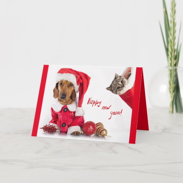 Cartão do feliz ano novo com imagem dos animais de (Frente)