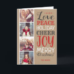 Cartão do feriado da colagem da foto do Feliz<br><div class="desc">O costume disponível imprimiu cartões com fotos do feriado com modelos simples para a personalização. Este design rústico moderno tem uma mistura festiva de tipografia no vermelho, no branco e nas cinzas em um fundo do papel de embalagem do falso. O fraseio diz o amor, a paz, o elogio do...</div>