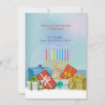 Cartão do feriado de Hanukkah e de Natal<br><div class="desc">Comemorando Hanukkah e Natal em sua casa? Está aqui um cartão do feriado feito apenas para você. Caracteriza presentes e um menorah com uma base nevado e um fundo do brilho. Menorah por Vecteezy. O cartão é fácil de personalizar com seus fraseio, opções da pia batismal, do cor da pia...</div>