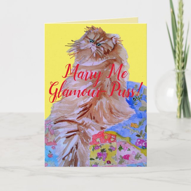 Cartão do Gato Fofinho de Colcha - Me Case comigo, (Frente)