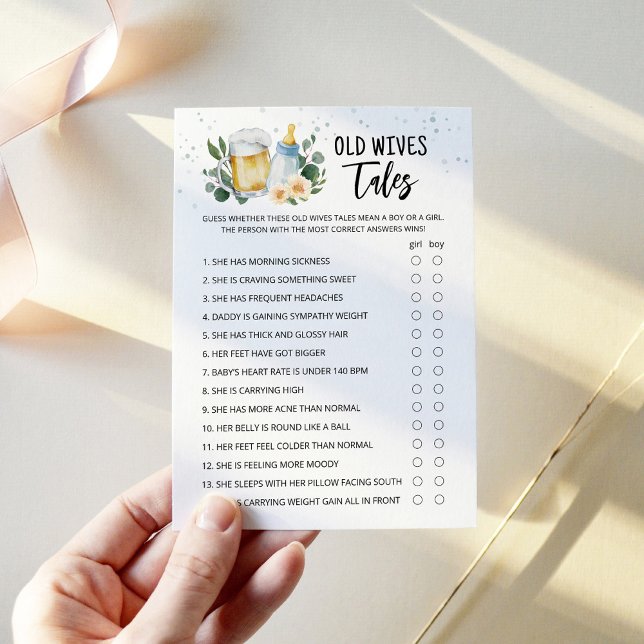 cartão do Jogo de Ditados de Velhas Avós - O Bebê  (Beer and Floral Baby is Brewing Baby Shower Old Wives Tales Game Card)
