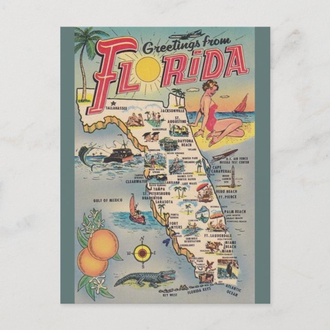 Cartão do mapa de Florida do vintage (Frente)