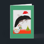 Cartão do Natal do golfinho do papai noel do vôo<br><div class="desc">O golfinho pequeno bonito do papai noel está voando a sua porta para o elogio do Natal</div>